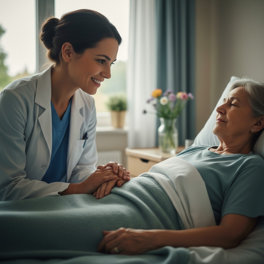 A smiling nurse is leaning over a happy older patient's bed as they share an intimate moment together. The nurse is wearin...