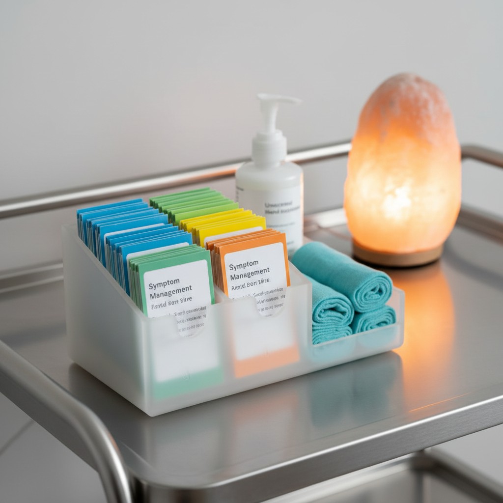 Medical supplies and a salt lamp on a stainless steel table in a clinic. English (United States)