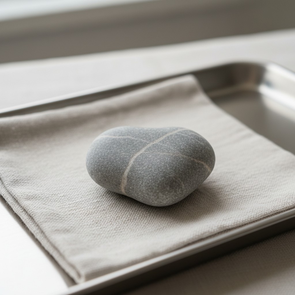 A close-up image of a rock on a white cloth in a metal pan, perhaps being prepared for a spa or hot stone massage.