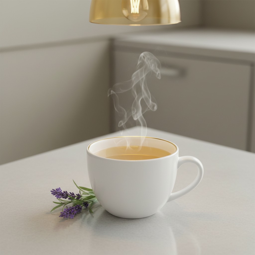A white tea cup with golden rim on a white table, featuring a sprig of lavender, with steam rising from the cup, and a lig...